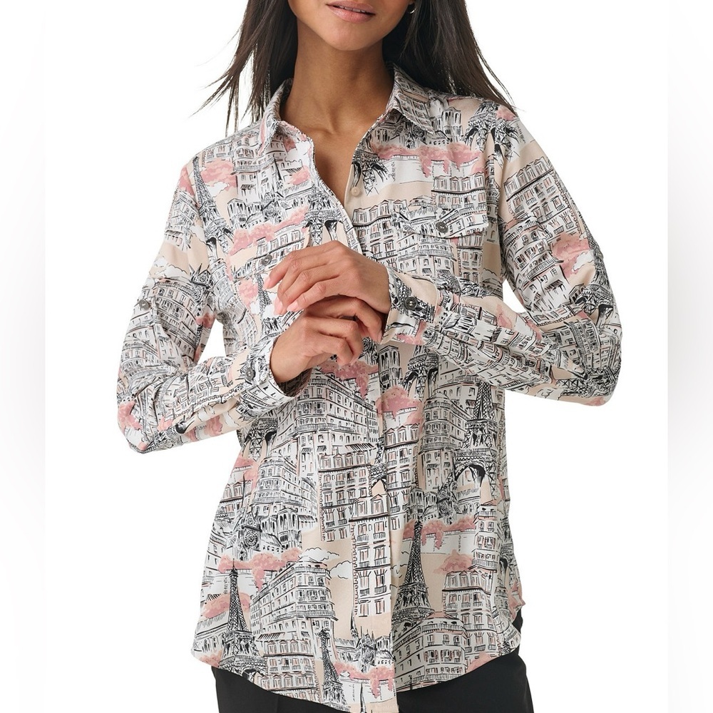 Karl Lagerfeld Paris Beige Graphic Button Down Shirt
